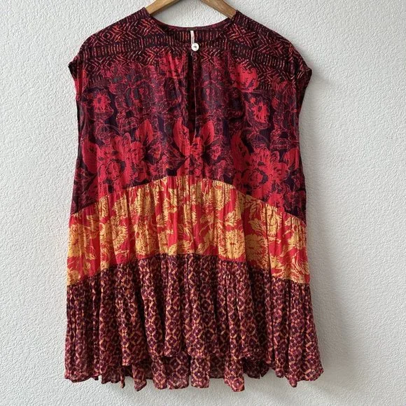 FREE PEOPLE Gotta Have You Mixed Print Cotton Tunic Top Boho Size Small - Picture 2 of 9